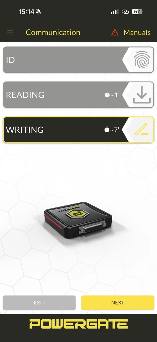 Powergate App：WRITINGへ進むの画面